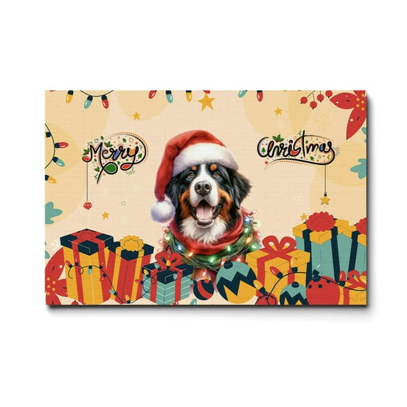 Merry Christmas Santa Bernese Mountain Dog Scarf Twinkling Lights Xmas Holiday Horizontal Matte Canvas Poster Berner Lover Gifts Wall Art Home Decor - 00022