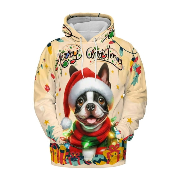 Merry Christmas Santa Boston Terrier Scarf Twinkling Lights Xmas Holiday All Over Print 3D Hoodie Unisex Merch Hoodies Gentleman Dog Lover Gifts - 00022