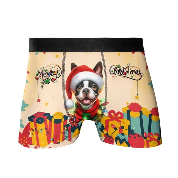 Merry Christmas Santa Boston Terrier Scarf Twinkling Lights Xmas Holiday All Over Print Boxer Briefs Underwear for Men Dad Gentleman Dog Lover Gifts - 00022