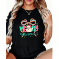 thumbnail image 1 of Merry Christmas Santa Bow Graphic Tee T-Shirt Top Print Casual Short Sleeve Round Neck Black S-5XL, 1 of 5