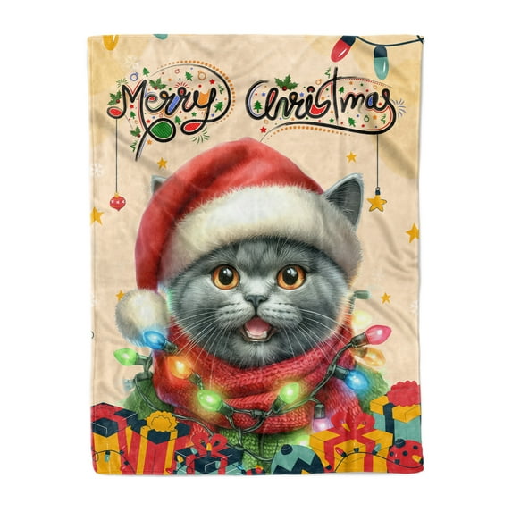 Merry Christmas Santa British Shorthair Scarf Twinkling Lights Xmas Holiday Cozy Fleece Blanket Cat Lover Kitten Owner Gifts Warm Soft Throw Blanket - 00022