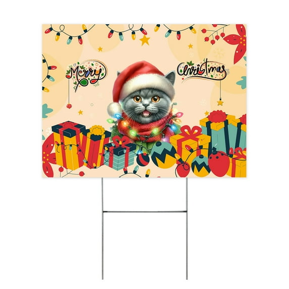 Merry Christmas Santa British Shorthair Scarf Twinkling Lights Xmas Holiday Yard Sign Cat Lover Kitten Owner Gifts Outdoor Home Lawn Garden Porch Decor - 00022