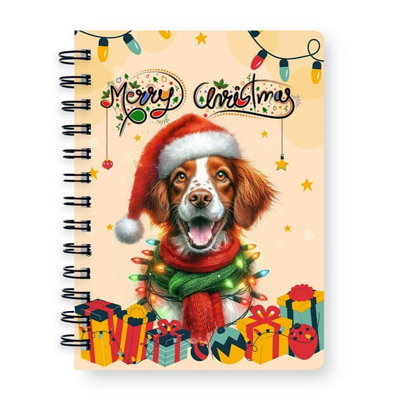 Merry Christmas Santa Brittany Spaniel Scarf Twinkling Lights Xmas Holiday Spiral Bound Journal Brittany Dog Lover Gifts Idea 5x7in Spiral Notebook - 00022