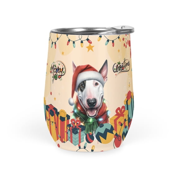 Merry Christmas Santa Bull Terrier Scarf Twinkling Lights Xmas Holiday 12oz Stainless Steel Wine Tumbler Insulated Cup with Lid Bully Dog Lovers Gifts Idea - 00022