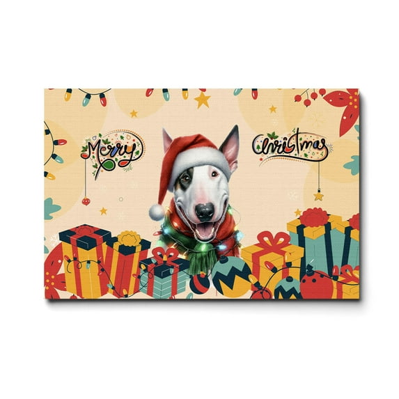 Merry Christmas Santa Bull Terrier Scarf Twinkling Lights Xmas Holiday Horizontal Matte Canvas Poster Bully Dog Lovers Gifts Idea Wall Art Home Decor - 00022