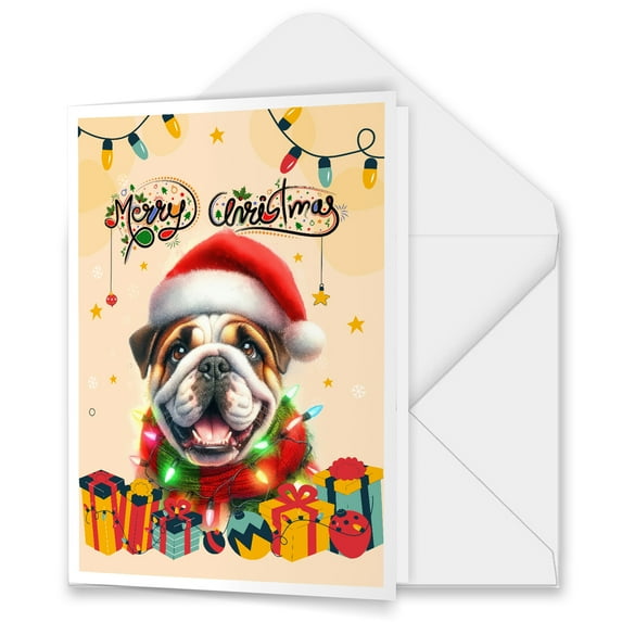 Merry Christmas Santa Bulldog Scarf Twinkling Lights Xmas Holiday 5x7in Folded Greeting Card Dog Lover Gifts Idea Single Note Card with Envelope - 00022