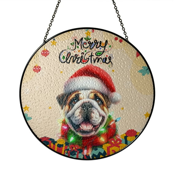 Merry Christmas Santa Bulldog Scarf Twinkling Lights Xmas Holiday Stained Glass Suncatcher Dog Lover Gifts Idea Window Hanging Sign Decor - 00022