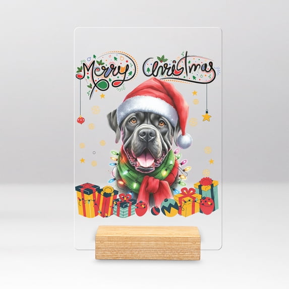 Merry Christmas Santa Cane Corso Scarf Twinkling Lights Xmas Holiday Acrylic Plaque Sign Ashwood Base Italian Mastiff Dog Lover Gifts Idea Home Desk Decor - 00022