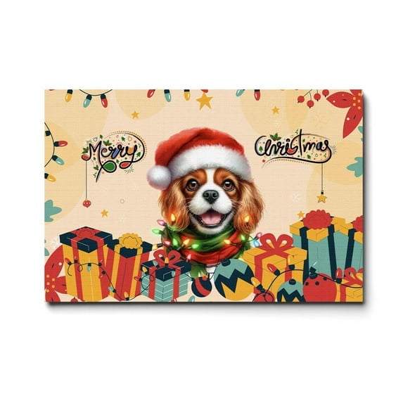 Merry Christmas Santa Cavalier King Charles Spaniel Scarf Twinkling Lights Xmas Holiday Horizontal Matte Canvas Poster Dog Lover Gifts Wall Art Home Decor - 00022