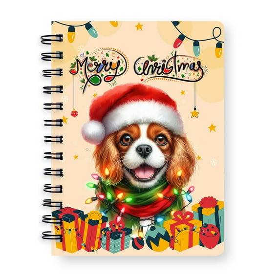 Merry Christmas Santa Cavalier King Charles Spaniel Scarf Twinkling Lights Xmas Holiday Spiral Bound Journal Dog Lover Gifts 5x7in Spiral Notebook - 00022