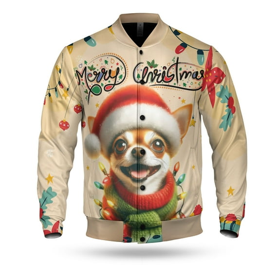 Merry Christmas Santa Chihuahua Scarf Twinkling Lights Xmas Holiday All Over Print 3D Baseball Jacket Dog Lover Gifts Idea Bomber Jacket Softball - 00022