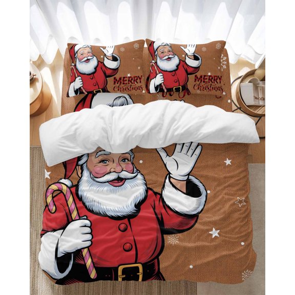Merry Christmas Santa Claus Bedding Duvet Cover Set Twin Size 4 Pieces Winter Snowflake Xmas Brown Bedding Set with Zipper Closure, 1 Comforter Cover 68x86 Inches 1 Flat Sheet & 2 Pillow Cases