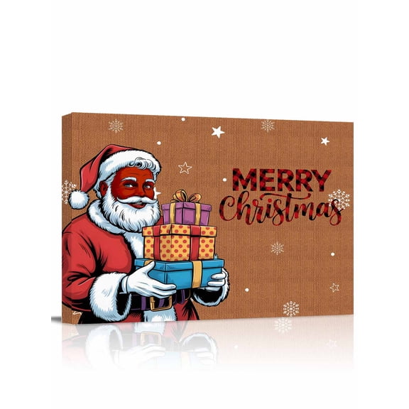 Merry Christmas Santa Claus Canvas Print Wall Art Xmas Gifts Winter Snowflake Brown Pictures Painting Morden Artwork for Living Room Bedroom, Ready to Hang - 12"x16"