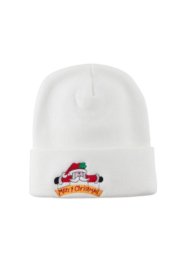 Merry Christmas Santa Claus Embroidered Beanie - White OSFM