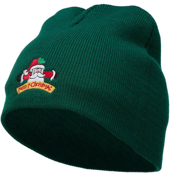 Merry Christmas Santa Claus Embroidered Short Beanie - Dk Green OSFM