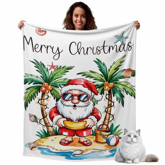 Merry Christmas Santa Claus Fleece Throw Blanket Lightweight Coconut Tree Shell Beach Fuzzy Flannel Throws Super Soft Cozy Flannel Blanket for Couch, Sofa, Bed, Travel 60"x80"