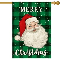 Merry Christmas Santa Claus Garden Flag 28 x 40 Inch Double Sided, Watercolor Buffalo Plaid Winter Holiday Yard Outdoor Decorative Flag