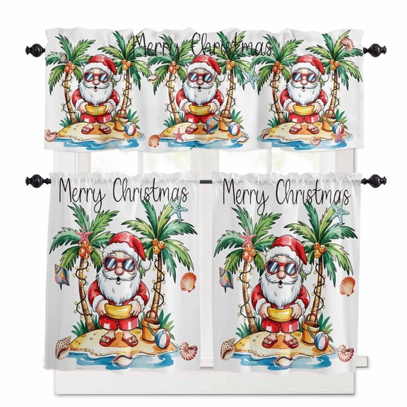 Merry Christmas Santa Claus Kitchen Curtains and Valances Set, Coconut Tree Shell Beach Rod Pocket Window Valance 18 Inch Window Curtain Panels for Living Room Bedroom Laundry, 27.5x36in, 3 Pieces