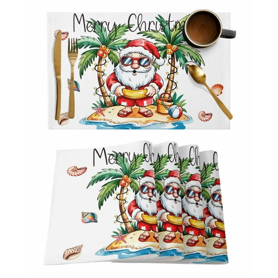 Merry Christmas Santa Claus Placemats Set of 6 Coconut Tree Shell Beach Heat Insulation Washable Place Mats, Rustic Non-Slip Table Mats for Dining Table Party Kitchen Decor,13x19 Inch