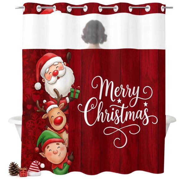 Merry Christmas Santa Claus Reindeer Elf No Hook Shower Curtain with See Through Top Window,Red Snowflake Wood Waterproof Shower Curtains for Home Hotel Bathroom Decor,72x72in