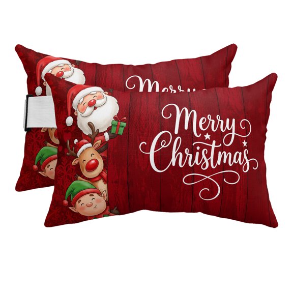 Merry Christmas Santa Claus Reindeer Elf Outdoor Pillow for Chaise Lounge Chair,Red Snowflake Wood Waterproof Headrest Lumbar Pillows with Insert&Elastic Strap for Patio Pool Garden Chairs,2 Pack
