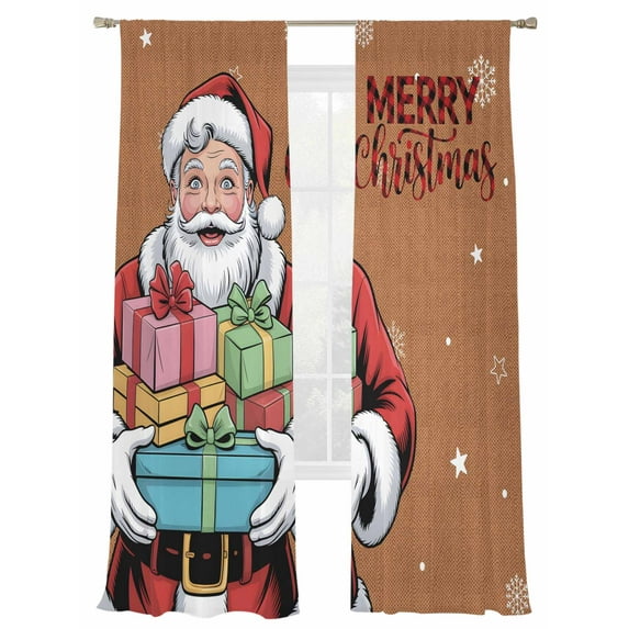 Merry Christmas Santa Claus Sheer Curtains 84 inches Long, Xmas Gift Winter Snowflake Brown Light Filtering Sheer Window Curtains Rod Pocket Voile Drapes for Bedroom Living Room, 2 Panels 52"W x 84"L