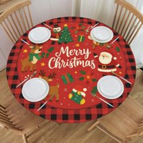Merry Christmas Santa Claus Snowman Red Black Plaid Round Tablecloth Farmhouse Table Cover with Elastic Edge Washable Fitted Table Cloth for Kitchen Patry Outdoor Decor Fits 45"-50", Medium