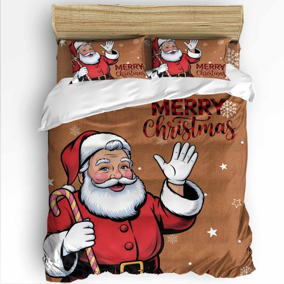 Merry Christmas Santa Claus Twin Size Comforter Set, Winter Snowflake Xmas Brown Soft Bedding for All Seasons, 4 Pcs Bed Set with 1 Comforter (68"x86") ,1Sheet(66"x116"), 2 Pillowcases (19"x29")
