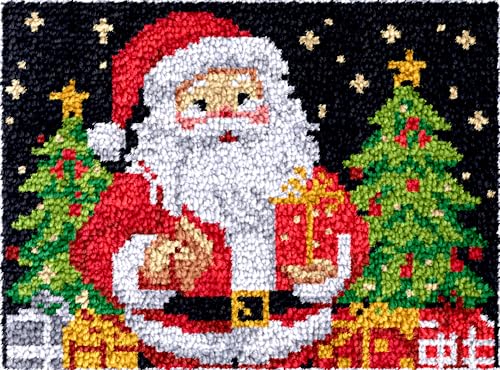 Merry Christmas Santa Clause Latch Hook Rug Kit for Adults Easy Carpet Cushion with Printed Canvas Crochet Yarn Craft DIY Hooking Tapestry for Home Floor Decoration Pets Pads 52x38cm(1)