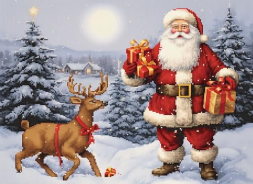 Merry Christmas Santa Clause Reindeer Latch Hook Rug Kit for Adults Easy Carpet Cushion with Printed Canvas Crochet Yarn Craft DIY Hooking Tapestry for Home Floor Decoration 60x40cm