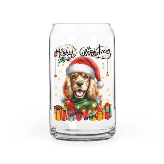Merry Christmas Santa Cocker Spaniel Scarf Twinkling Lights Xmas Holiday 16oz Glass Cup Mug Cockers Dog Lover Gifts Glass Can - 00022