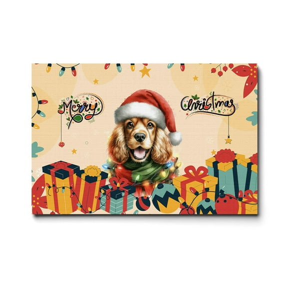 Merry Christmas Santa Cocker Spaniel Scarf Twinkling Lights Xmas Holiday Horizontal Matte Canvas Poster Cockers Dog Lover Gifts Wall Art Home Decor - 00022