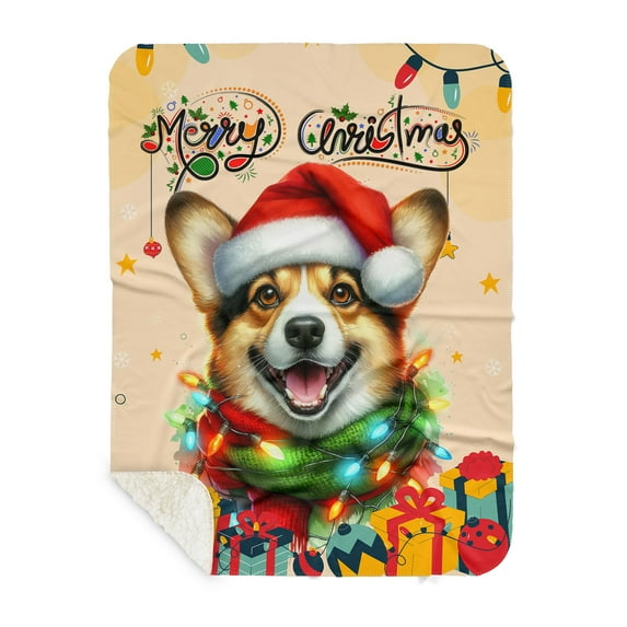 Merry Christmas Santa Corgi Scarf Twinkling Lights Xmas Holiday Cozy Sherpa Blanket Welsh Corgi Dog Lover Gifts Idea Warm Soft Throw Blanket - 00022
