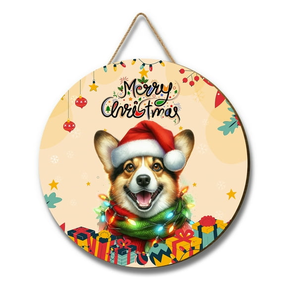 Merry Christmas Santa Corgi Scarf Twinkling Lights Xmas Holiday Round Wood Sign Welsh Corgi Dog Lover Gifts Idea Hanging Wall Home Decor - 00022
