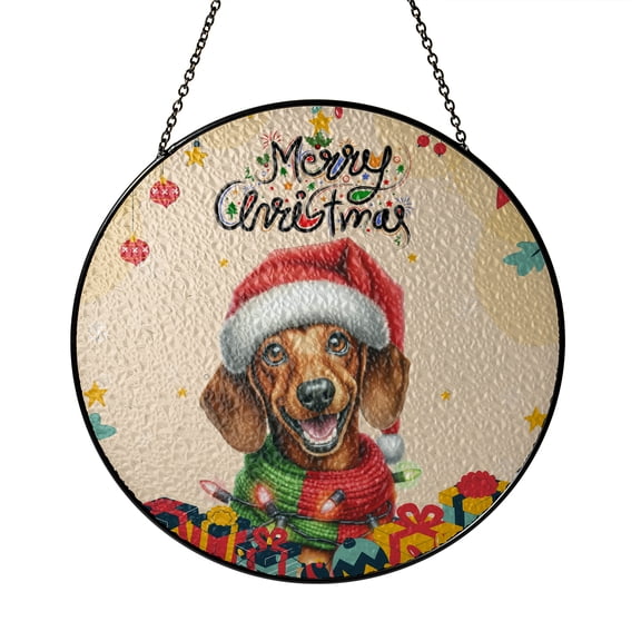 Merry Christmas Santa Dachshund Scarf Twinkling Lights Xmas Holiday Stained Glass Suncatcher Wiener Dog Lover Gifts Idea Window Hanging Sign Decor - 00022
