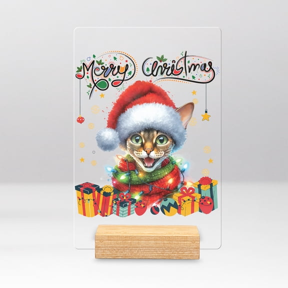 Merry Christmas Santa Devon Rex Scarf Twinkling Lights Xmas Holiday Acrylic Plaque Sign Ashwood Base Cat Lover Kitten Owner Gifts Home Desk Decor - 00022