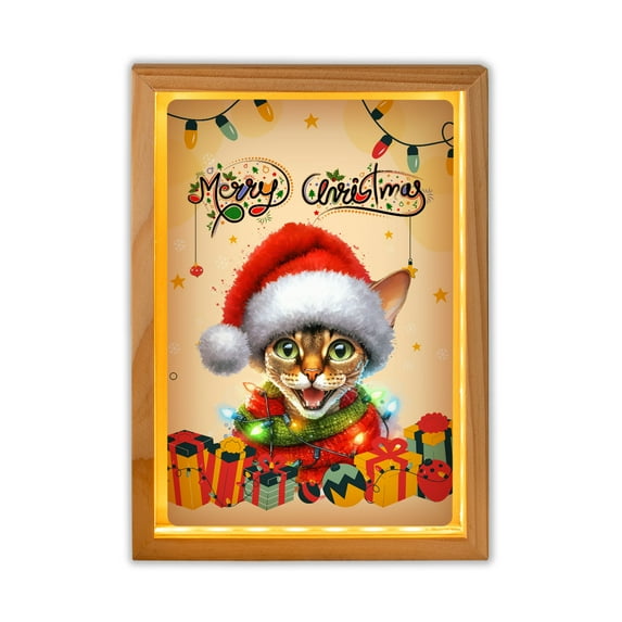 Merry Christmas Santa Devon Rex Scarf Twinkling Lights Xmas Holiday Acrylic Plaque with Wood Photo Frame Box Cat Lover Kitten Owner Gifts Light Box - 00022