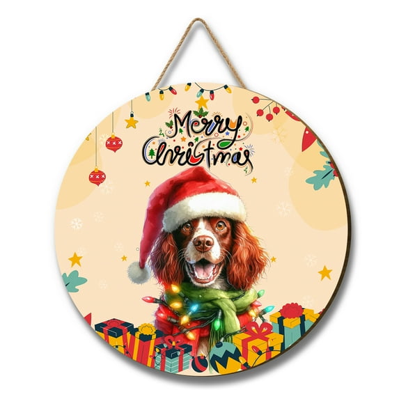 Merry Christmas Santa English Springer Spaniel Scarf Twinkling Lights Xmas Holiday Round Wood Sign Springers Dog Lover Gifts Hanging Wall Home Decor - 00022