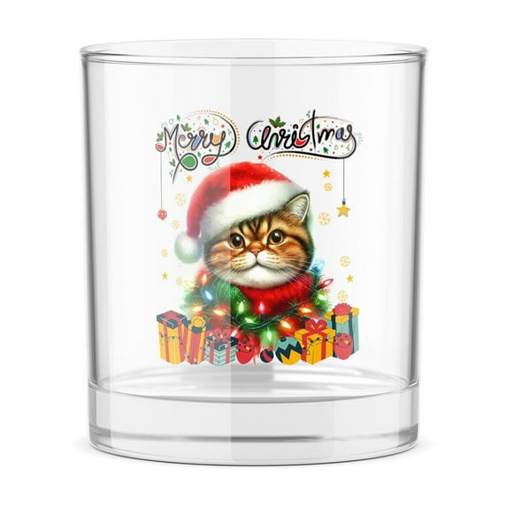 Merry Christmas Santa Exotic Shorthair Scarf Twinkling Lights Xmas Holiday 11oz Whiskey Glass Mug Cat Lover Kitten Owner Gifts Whiskey Cocktail Glasses Cup - 00022