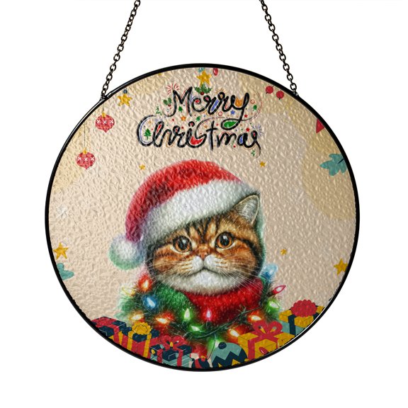 Merry Christmas Santa Exotic Shorthair Scarf Twinkling Lights Xmas Holiday Stained Glass Suncatcher Cat Lover Kitten Owner Gifts Window Hanging Sign Decor - 00022