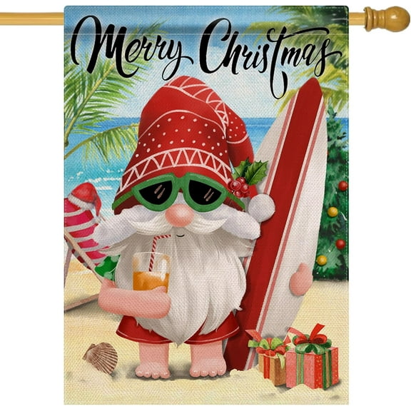 Merry Christmas Santa Gnome Coastal Large Decorative House Flag, Xmas Garden Yard Beach Ocean Surfboard Home Outside Decorations, Winter Holiday Nautical Sea Hawaii Outdoor Decor 28 x 40
