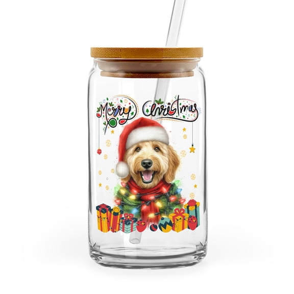 Merry Christmas Santa Goldendoodle Scarf Twinkling Lights Xmas Holiday 16oz Glass Cup Mug Doodle Dog Lover Gifts Idea Glass Can with Bamboo Lid and Straw - 00022
