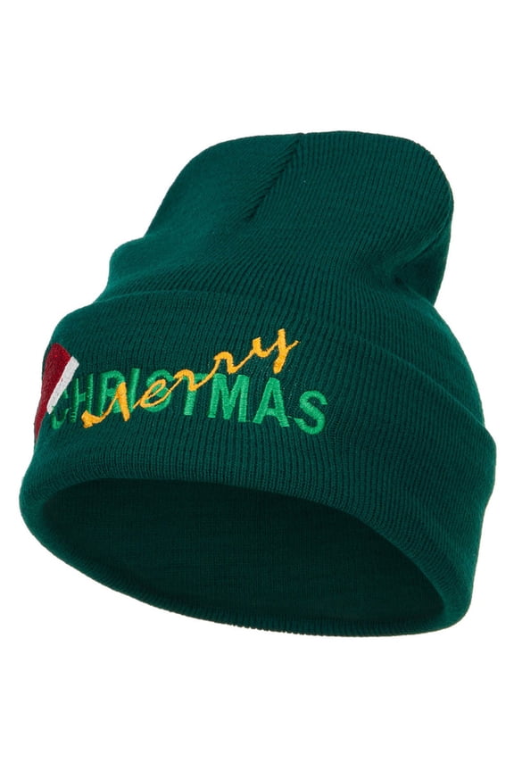 Merry Christmas Santa Hat Embroidered Long Beanie - Dk Green OSFM
