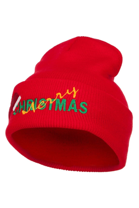 Merry Christmas Santa Hat Embroidered Long Beanie - Red OSFM