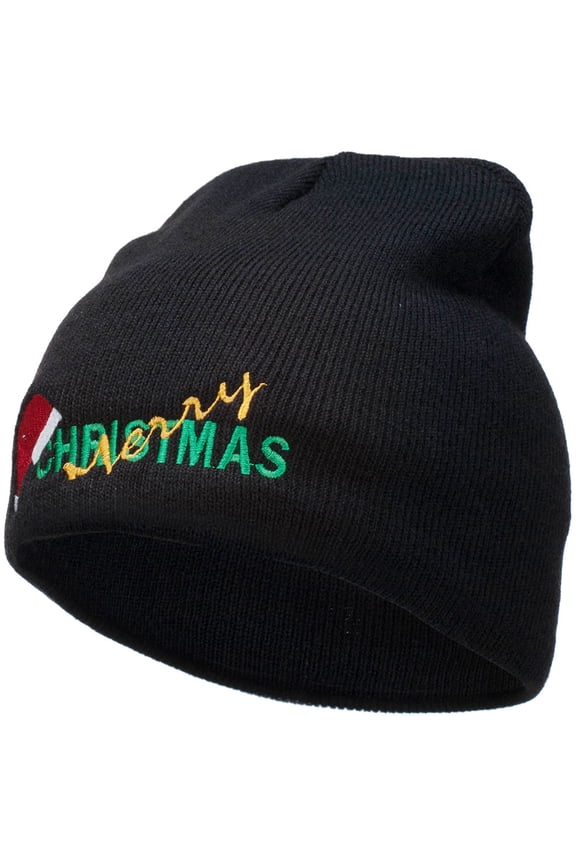 Merry Christmas Santa Hat Embroidered Short Beanie - Black OSFM