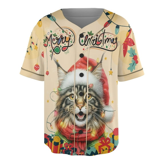 Merry Christmas Santa Maine Coon Scarf Twinkling Lights Xmas Holiday All Over Print 3D Baseball Shirt Cat Lover Kitten Owner Gifts Softball Sport - 00022