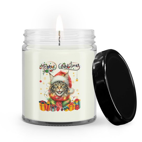Merry Christmas Santa Maine Coon Scarf Twinkling Lights Xmas Holiday Soy Wax Candle Cat Lover Kitten Owner Gifts 9oz White Birch & Black Pepper Candle - 00022