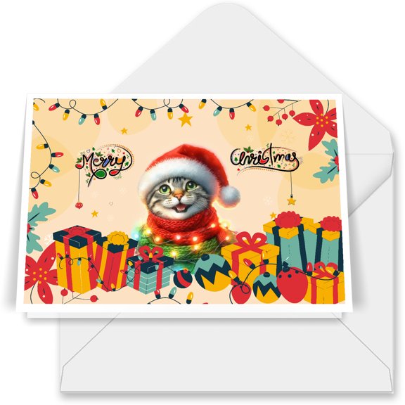 Merry Christmas Santa Manx Scarf Twinkling Lights Xmas Holiday 7x5in Folded Greeting Card Cat Lover Kitten Owner Gifts Single Note Card with Envelope - 00022
