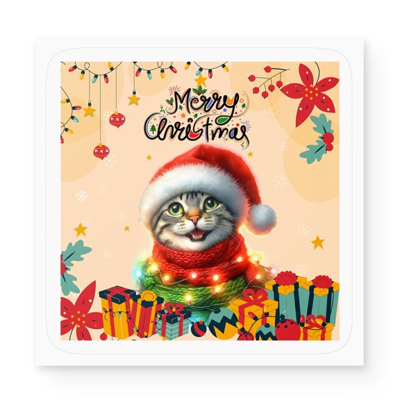 Merry Christmas Santa Manx Scarf Twinkling Lights Xmas Holiday Vinyl Sticker Cat Lover Kitten Owner Gifts Waterproof Decal Art Decor - 00022