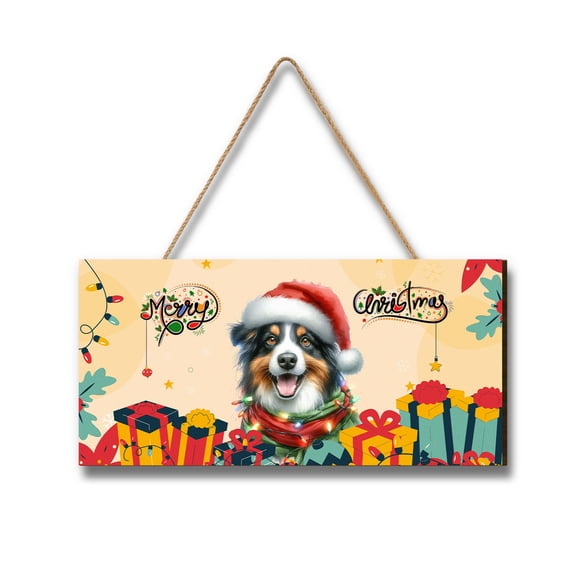 Merry Christmas Santa Miniature American Shepherd Scarf Twinkling Lights Xmas Holiday Landscape Wood Sign MAS Dog Lover Gifts Hanging Wall Home Decor - 00022
